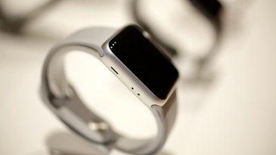 In this March 27, 2018, file photo, an Apple Watch sits on display during an Apple event at their main store in Chicago.