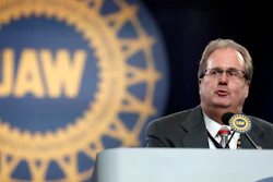 In this March 11, 2019, file photo, Gary Jones, president of the United Auto Workers union, addresses delegates to the union's bargaining convention in Detroit.