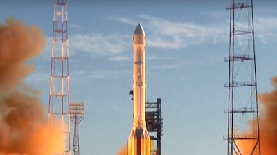 In this frame grab taken from video on Saturday, July 13, 2019, a Russian Proton-M rocket takes off from the launch pad at Russia's space facility in Baikonur, Kazakhstan.