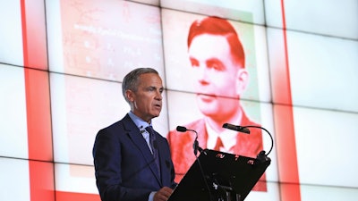 Governor of the Bank of England Mark Carney speaks during the announcement that Second World War code-breaker Alan Turing has been selected to feature on the new 50 pound notes, at the Science and Industry Museum, in Manchester, England, Monday July 15, 2019.