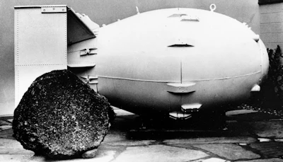 This Oct. 15, 1965, file photo shows a 'Fat Man' nuclear bomb of the type tested at Trinity Site, N.M, and dropped on Nagasaki, Japan in 1945, on view for the public at the Los Alamos Scientific Laboratory Museum.
