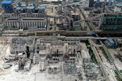 An aerial view shows the aftermath of the blast at a gas plant in Yima city in central China's Henan province Saturday, July 20, 2019.