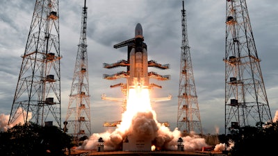 GSLV MkIII, carrying Chandrayaan-2, lifts off from Satish Dhawan Space center in Sriharikota, India, Monday, July 22, 2019.
