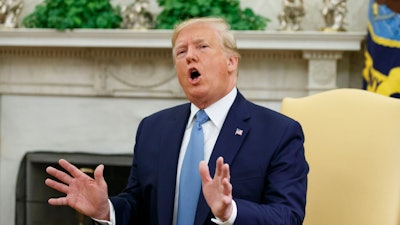 President Donald Trump speaks during a meeting with Pakistani Prime Minister Imran Khan in the Oval Office of the White House, Monday, July 22, 2019.