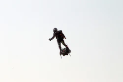Franky Zapata takes to the air at the start of his attempt to cross the channel from France to England, Thursday, July 25, 2019.