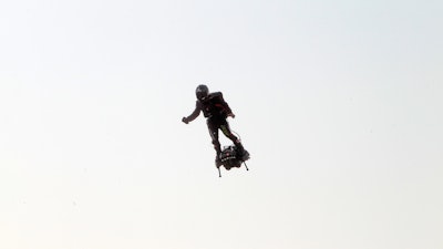 Franky Zapata takes to the air at the start of his attempt to cross the channel from France to England, Thursday, July 25, 2019.