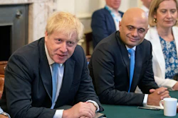 Prime Minister Boris Johnson, left, holds his first Cabinet meeting with Chancellor of the Exchequer Sajid Javid and Secretary for Work and Pensions Amber Rudd, right, at Downing Street in London, Thursday July 25, 2019.