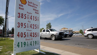 This April 23, 2019, file photo shows gas prices are displayed at a Shell station in Sacramento, Calif.
