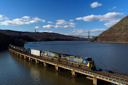 In this April 26, 2018, file photo, a CSX Transportation locomotive pulls a train of tank cars across a bridge near Fort Montgomery, N.Y.