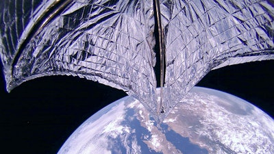This photo, provided on Thursday, July 25, 2019, by the Planetary Society, shows a portion of the LightSail2 spacecraft.