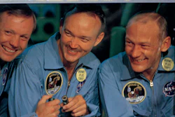 In this July 24, 1969, file photo, Apollo 11 astronauts, Neil Armstrong, left, Michael Collins, center, and Edwin 'Buzz' Aldrin smile as they answer questions from quarantine in an isolation unit aboard the USS Hornet after splashdown and recovery. The Honolulu Star-Advertiser reported Wednesday, July 24, 2019, the 50th anniversary of the astronaut's return to Earth, that the crew hit the atmosphere at 25,000 mph, creating a fireball that was visible to the crew of the waiting recovery aircraft carrier USS Hornet stationed about 900 miles (1,448 kilometers) southwest of Hawaii.