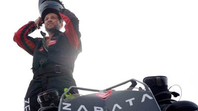 In this Wednesday July 24, 2019, file photo, Franky Zapata prepares to start a training flight over the Saint Inglevert airport near Calais, France.