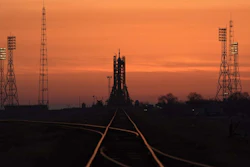 A Soyuz rocket at dawn on launch site 1 of the Baikonur Cosmodrome, Thursday, March 14, 2019.