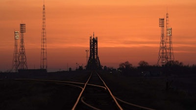 A Soyuz rocket at dawn on launch site 1 of the Baikonur Cosmodrome, Thursday, March 14, 2019.