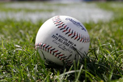 A baseball is pictured as the American League warms-up for the MLB baseball All-Star Game, Tuesday, July 9, 2019, in Cleveland. Faced with a record onslaught of home runs and pitchers convinced baseballs are juiced, Commissioner Rob Manfred says the sport has been unable to find any changes in the manufacturing process.
