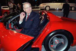 In this March 28, 1990, file photo, Chrysler Corporation Chairman Lee Iacocca sits in a 1990 Dodge Viper sports car as the Chrysler in the 90's six city tour makes a visit to New York. Former Chrysler CEO Iacocca, who became a folk hero for rescuing the company in the '80s, has died, former colleagues said Tuesday, July 2, 2019. He was 94.