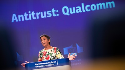 European Antitrust Commissioner Margrethe Vestager talks to journalists during a news conference at the European Commission headquarters in Brussels, Thursday, July 18, 2019. The European Union has fined U.S. chipmaker Qualcomm $271 million, accusing it of 'predatory pricing'.