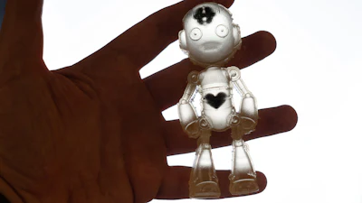 This robot shape and complex sensors are the result of one single print. The sensors can sense strain and pressure.