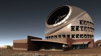 This undated file illustration provided by Thirty Meter Telescope (TMT) shows the proposed giant telescope on Mauna Kea on Hawaii's Big Island. Construction on giant telescope to start again in the third week of July 2019, after court battles over Hawaii site that some consider sacred.