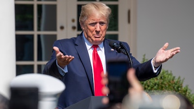 President Donald Trump welcomes first responders before signing H.R. 1327, an act ensuring that a victims' compensation fund related to the Sept. 11 attacks never runs out of money, in the Rose Garden of the White House, Monday, July 29, 2019, in Washington.