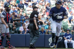 Milwaukee Brewers' Christian Yelich hits a home run during the sixth inning of a baseball game against the Atlanta Braves Wednesday, July 17, 2019, in Milwaukee.