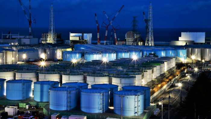 This Jan. 25, 2019, photo shows water tanks containing contaminated water that has been treated at the Fukushima Dai-ichi nuclear plant in Okuma, Japan.