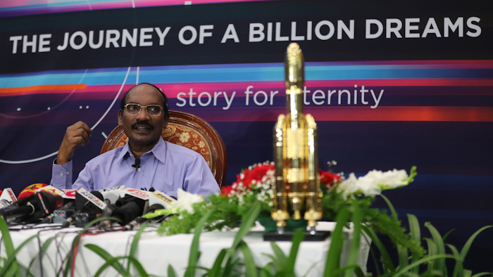 Indian Space Research Organization Chairman Kailasavadivoo Sivan during a press conference in Bangalore, Tuesday, Aug. 20, 2019.
