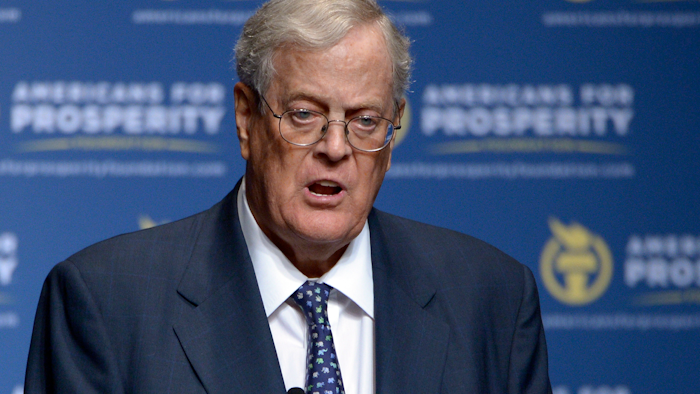 In this Aug. 30, 2013, file photo, David Koch speaks in Orlando, Fla.