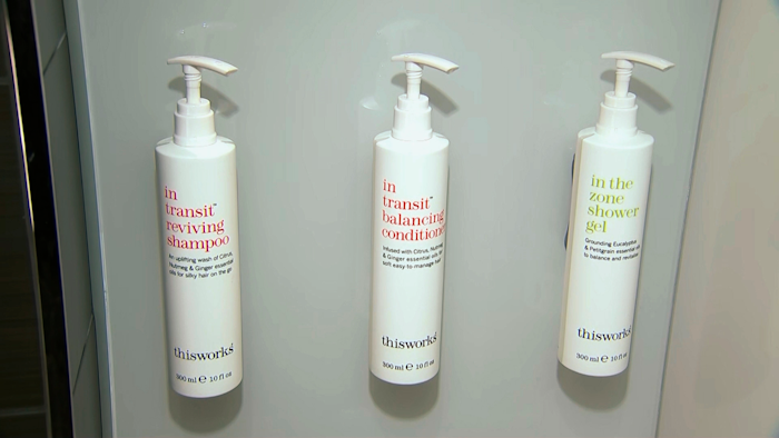 Bottles of shampoo, conditioner and shower gel at Marriott's headquarters in Bethesda, Md., Tuesday, Aug. 27, 2019.