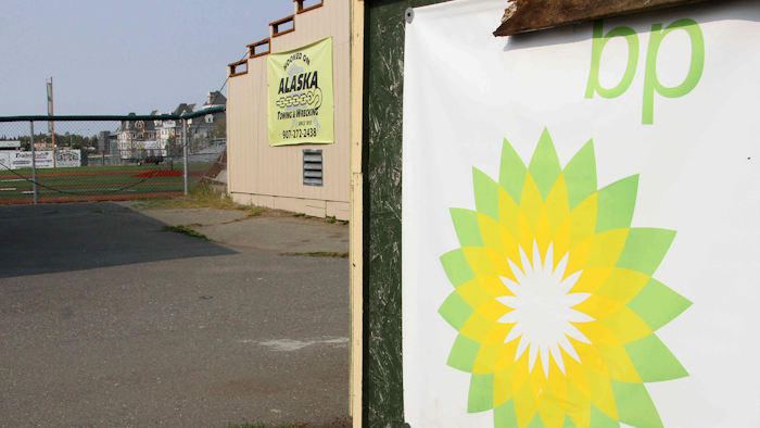 BP sponsorship sign at Mulcahy Stadium in Anchorage, Wednesday, Aug. 28, 2019.