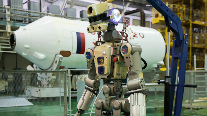 In this photo taken on Friday, July 26, 2019, and distributed by Roscosmos Space Agency Press Service, the Fedor robot is displayed before being loaded into a Soyuz capsule that was launched Thursday Aug. 22, 2019, from the launch pad at Russia's space facility in Baikonur, Kazakhstan. A Russian space capsule carrying a humanoid robot has failed to dock as planned with the International Space Station. A statement from the Russian space agency Roscosmos said the failure to dock on Saturday Aug. 24, 2019, was because of problems in the docking system, but didn't give details.