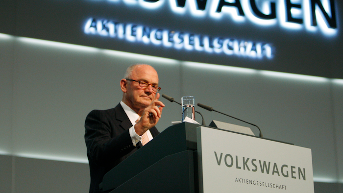 In a Thursday, Dec. 3, 2009 file photo, Ferdinand Piech, the chairman of the supervisory of the board of VW, delivers his speech during the Volkswagen extraordinary general meeting in Hamburg, northern Germany. Piech has died, according to German media reports Monday, August 26, 2019. He was 82.