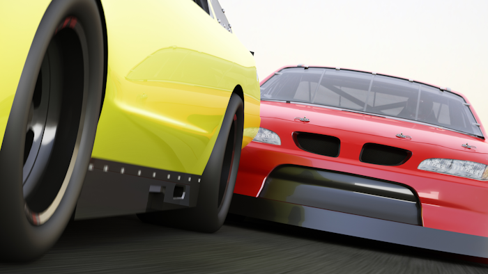 Extreme motorsports racing with race car competitively looking to pass stock photo.