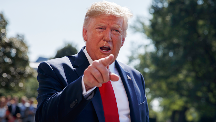 In this Aug. 9, 2019, photo, President Donald Trump talks to reporters on the South Lawn of the White House in Washington. Trump is showcasing the growing effort to capitalize on western Pennsylvania’s natural gas deposits by turning gas into plastics.