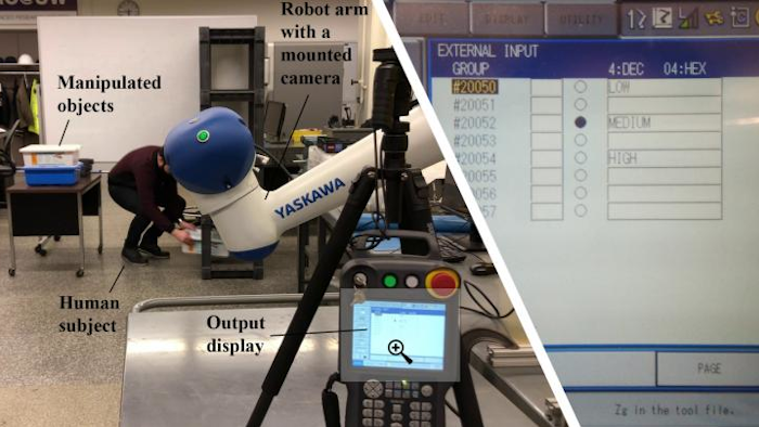 To test how well the algorithm might work in a warehouse, the researchers had a robot (white arm) monitor participants performing activities in a warehouse-like setting. Within three seconds of the end of each activity, the robot showed a score on its display (right).