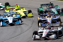 Will Power (12) leads Alexander Rossi (27) and Josef Newgarden (2) at the start of an IndyCar Series auto race, Sunday, July 28, 2019, at Mid-Ohio Sports Car Course in Lexington, Ohio.