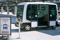 This July 26, 2019, photo shows the Easy Mile EZ10 driverless shuttle currently in testing at Austin-Bergstrom International Airport in Austin, Texas.
