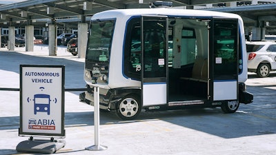 This July 26, 2019, photo shows the Easy Mile EZ10 driverless shuttle currently in testing at Austin-Bergstrom International Airport in Austin, Texas.