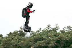 French inventor Franky Zapata flies near St. Margaret's beach, Dover after crossing the Channel on a flying board Sunday, Aug. 4, 2019.