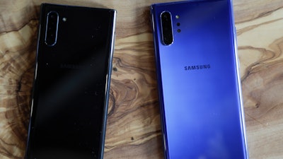 In this Monday, Aug. 5, 2019, photo, the Samsung Galaxy Note 10, left, and the Galaxy Note 10 Plus shown in New York.