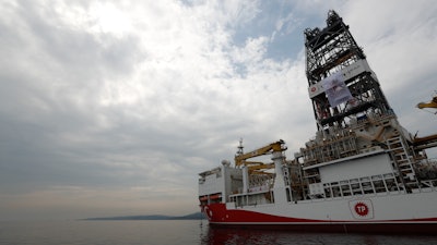 In this June 20, 2019, file photo, Turkey's 750-foot drillship Yavuz outside Istanbul.