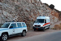 An ambulance in Faros village on the Greek island of Ikaria, Wednesday, August 7, 2019.