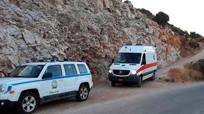 An ambulance in Faros village on the Greek island of Ikaria, Wednesday, August 7, 2019.