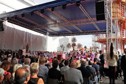 Relatives of the victims of the Morandi bridge collapse attend a remembrance ceremony to mark the first anniversary of the tragedy in Genoa, Italy, Wednesday, Aug. 14, 2019.