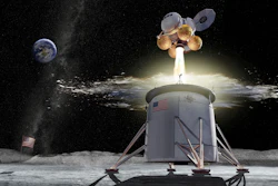 This illustration, provided by NASA on Aug. 16, 2019, shows a proposed design for an Artemis program ascent vehicle leaving the surface of the moon.