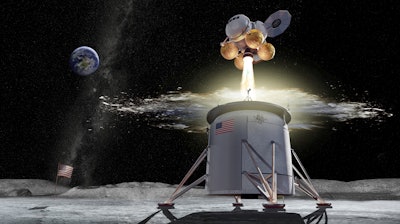This illustration, provided by NASA on Aug. 16, 2019, shows a proposed design for an Artemis program ascent vehicle leaving the surface of the moon.