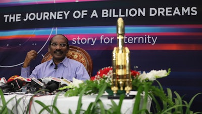 Indian Space Research Organization Chairman Kailasavadivoo Sivan during a press conference in Bangalore, Tuesday, Aug. 20, 2019.