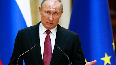 Russian President Vladimir Putin speak during a news conference in Helsinki, Wednesday, Aug. 21, 2019.