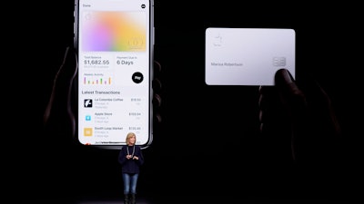 In this March 25, 2019, file photo, Jennifer Bailey, vice president of Apple Pay, speaks about the Apple Card at the Steve Jobs Theater in Cupertino, Calif.