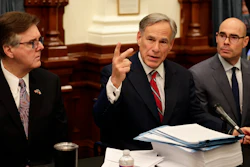Texas Gov. Greg Abbott, center, with Speaker of the House Dennis Bonnen, right, and Lt. Governor Dan Patrick, left, makes opening statements during a round table discussion, Thursday, Aug. 22, 2019, in Austin.